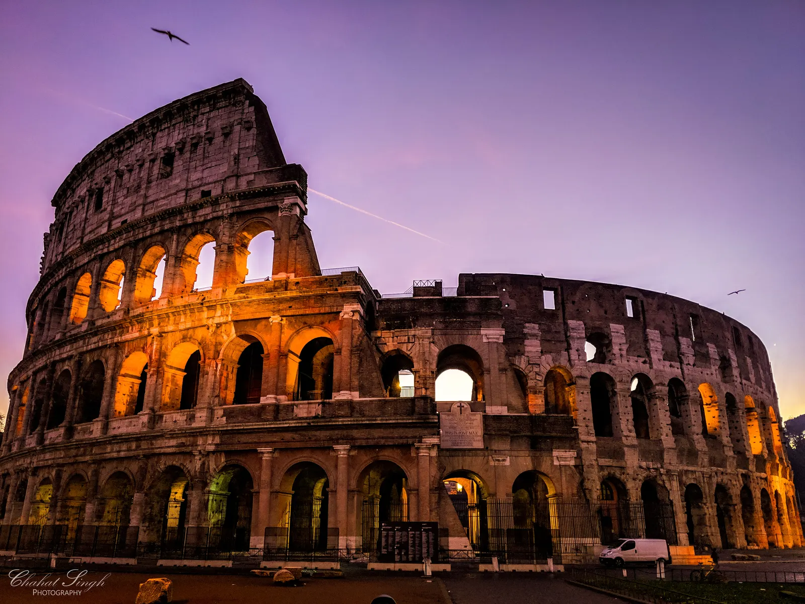 The Colosseum in Rome glowing amber at dusk, birds flying overhead against a purple sky.
