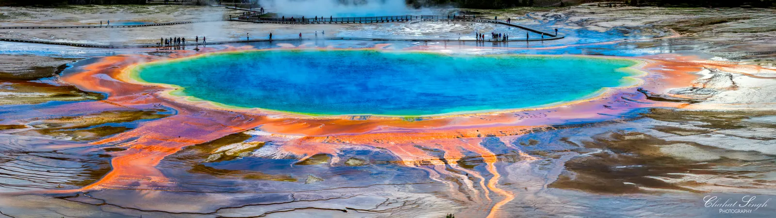 Aerial panorama of Grand Prismatic Spring, showing its rainbow-colored mineral rings.